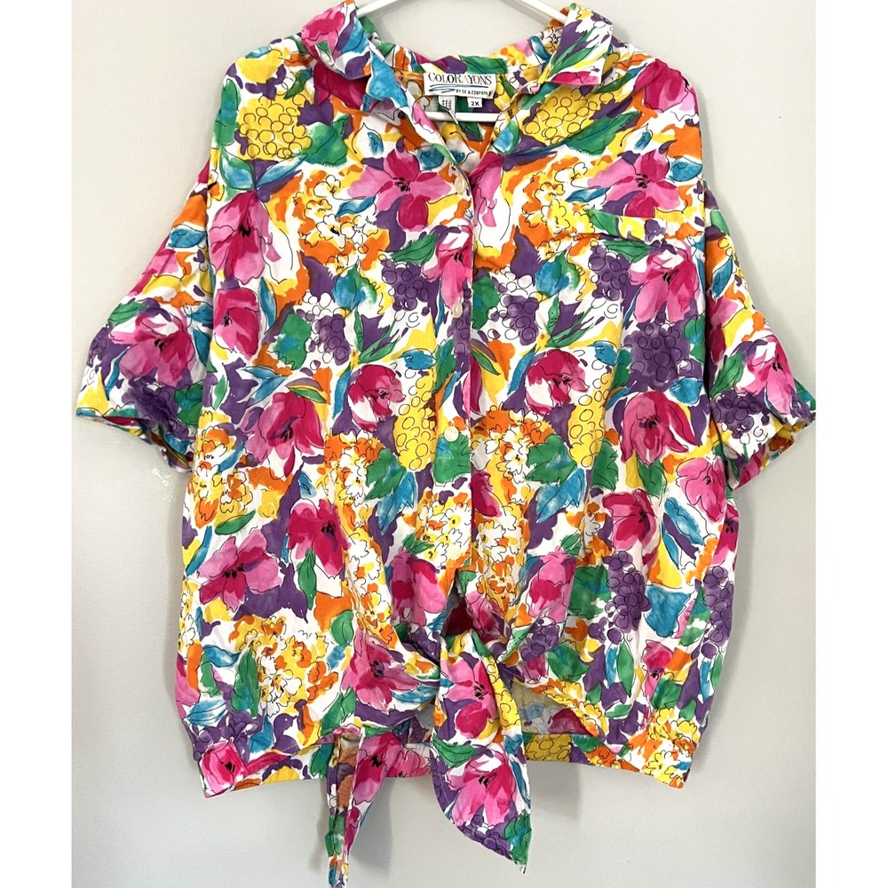 Vintage Colorayons Shirt Womens 2XL Floral Rayon Button Up‎ Short Sleeve 90s Top